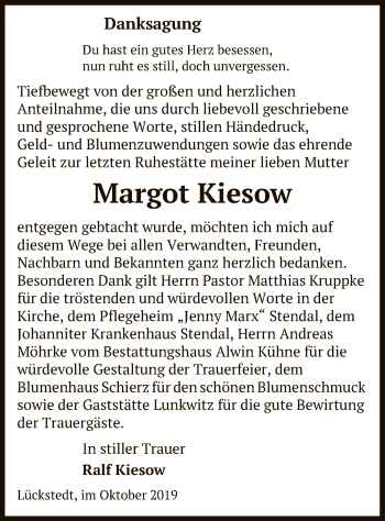 Traueranzeige von Margot Kiesow von Uelzen