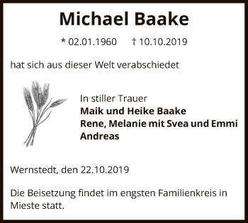 Traueranzeige von Michael Baake von Uelzen