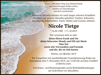 Traueranzeige von Nicole Tietge von Uelzen