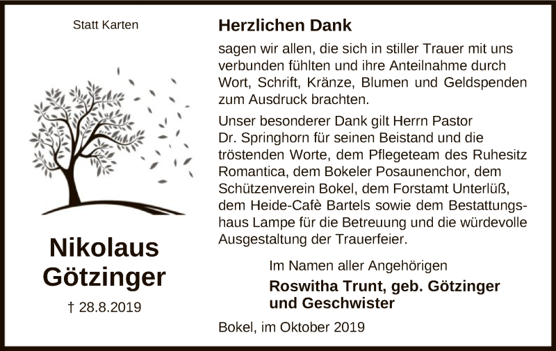  Traueranzeige für Nikolaus Götzinger vom 05.10.2019 aus Uelzen