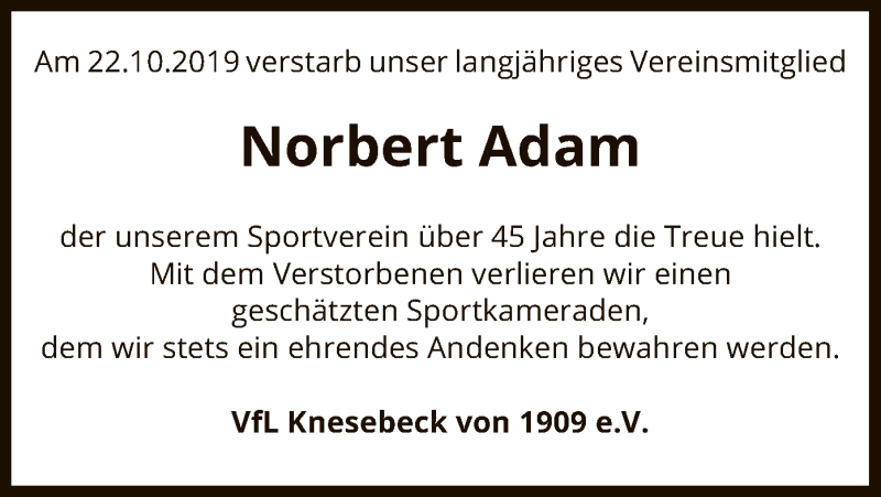  Traueranzeige für Norbert Adam vom 30.10.2019 aus Uelzen