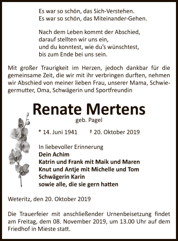 Traueranzeige von Renate Mertens von Uelzen