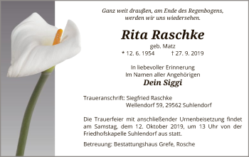 Traueranzeige von Rita Raschke von Uelzen
