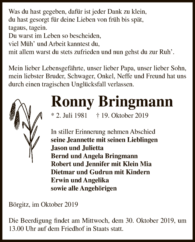  Traueranzeige für Ronny Bringmann vom 25.10.2019 aus Uelzen