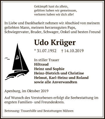 Traueranzeige von Udo Krüger von Uelzen