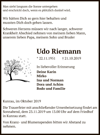 Traueranzeige von Udo Riemann von Uelzen