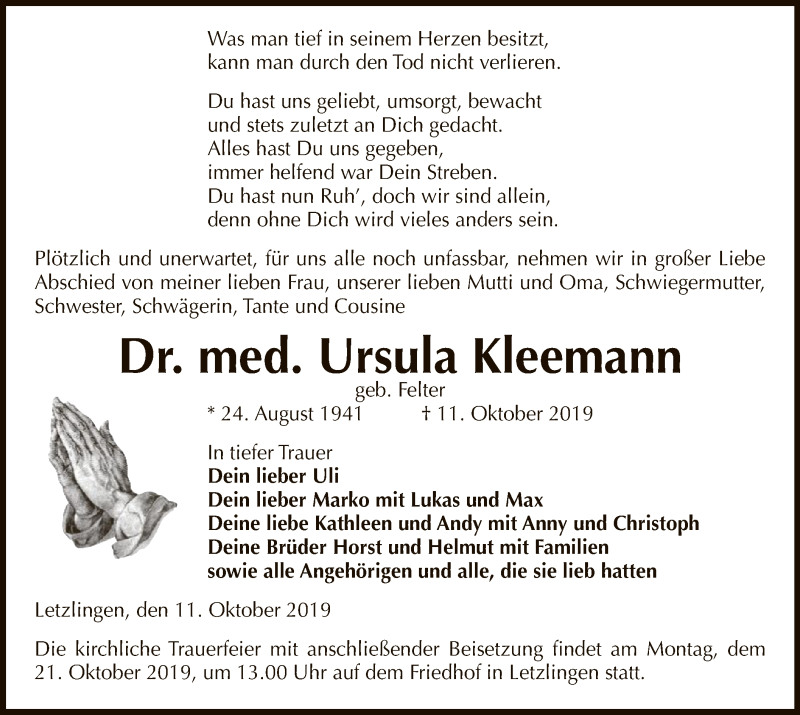  Traueranzeige für Ursula Kleemann vom 15.10.2019 aus Uelzen