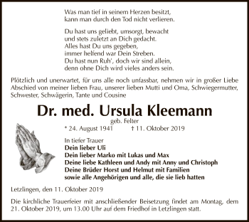 Traueranzeige von Ursula Kleemann von Uelzen