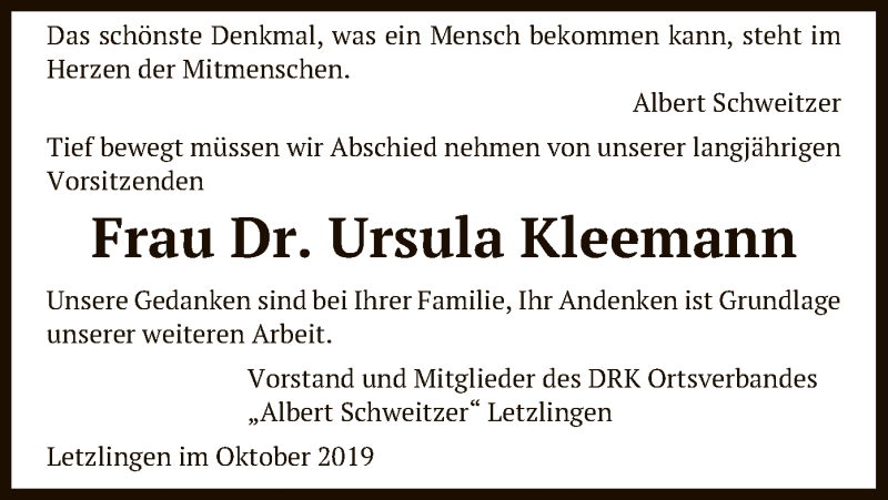 Traueranzeige für Ursula Kleemann vom 17.10.2019 aus Uelzen