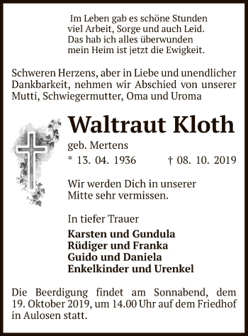 Traueranzeige von Waltraut Kloth von Uelzen