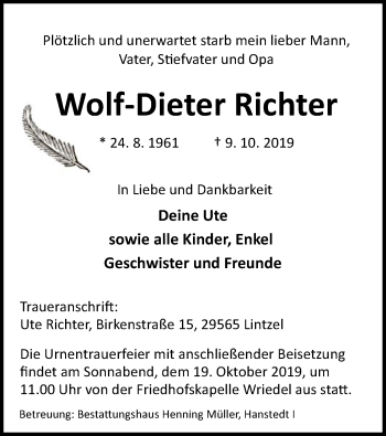 Traueranzeige von Wolf-Dieter Richter von Uelzen