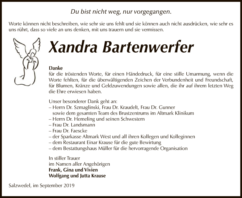  Traueranzeige für Xandra Bartenwerfer vom 05.10.2019 aus Uelzen