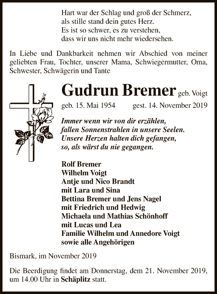  Traueranzeige für Gudrun Bremer vom 16.11.2019 aus Uelzen