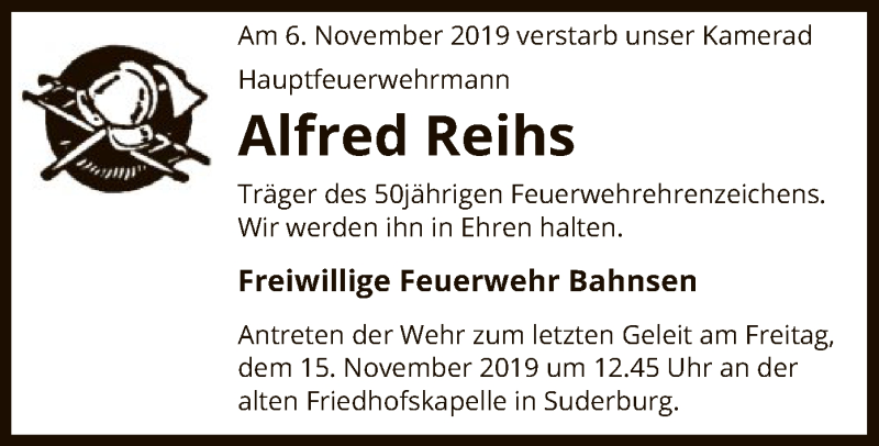  Traueranzeige für Alfred Reihs vom 09.11.2019 aus Uelzen