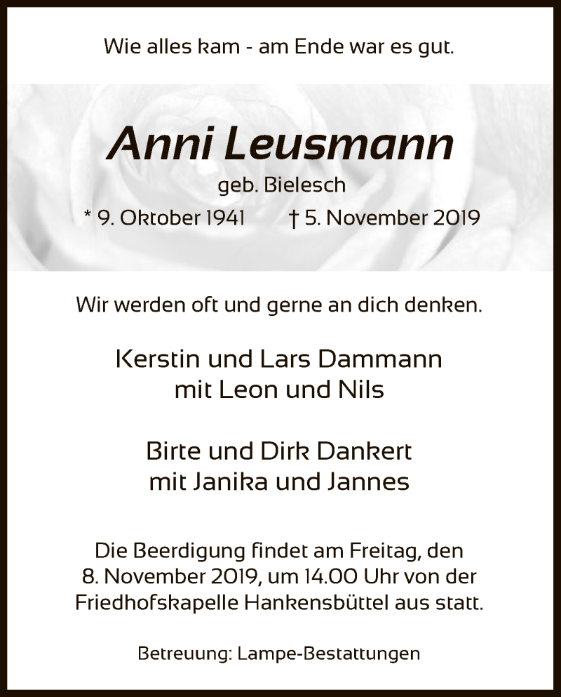  Traueranzeige für Anni Leusmann vom 07.11.2019 aus Uelzen