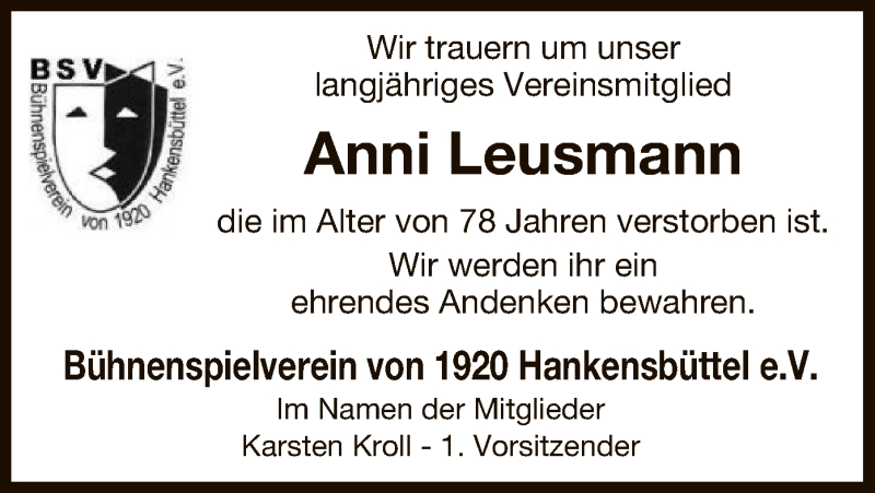 Traueranzeige für Anni Leusmann vom 09.11.2019 aus Uelzen