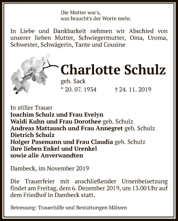 Traueranzeige von Charlotte Schulz von Uelzen