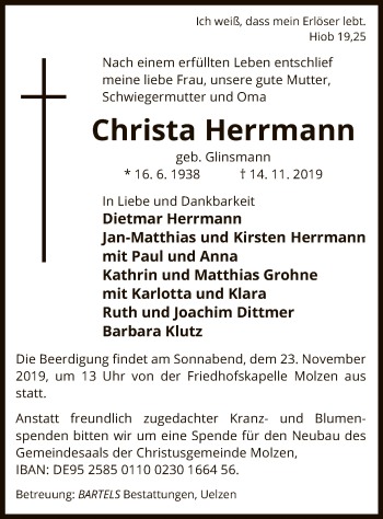 Traueranzeige von Christa Herrmann von Uelzen