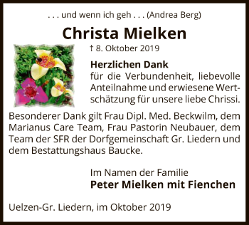 Traueranzeige von Christa Mielken von Uelzen