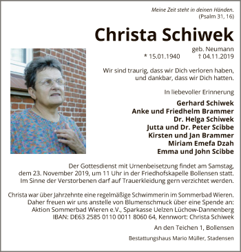 Traueranzeige von Christa Schiwek von Uelzen