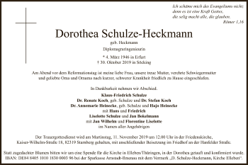 Traueranzeige von Dorothea Schulze-Heckmann von Uelzen
