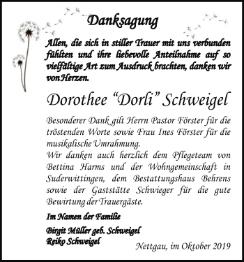 Traueranzeige von Dorothee Schweigel von Uelzen