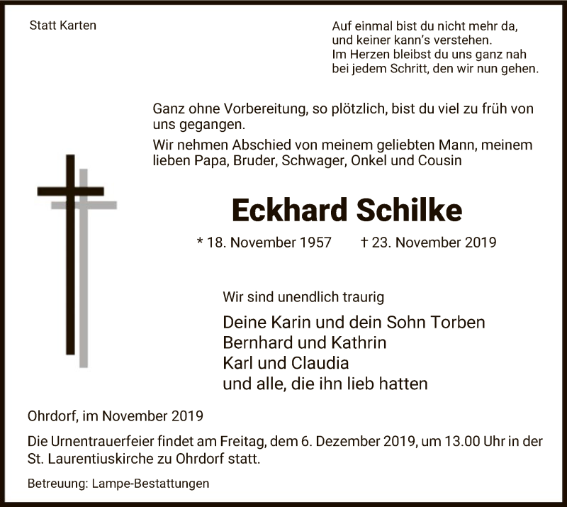  Traueranzeige für Eckhard Schilke vom 27.11.2019 aus Uelzen