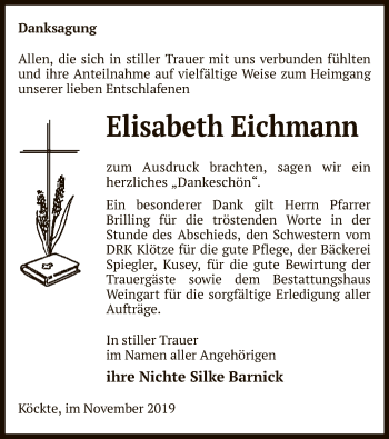 Traueranzeige von Elisabeth Eichmann von Uelzen