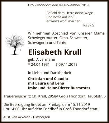 Traueranzeige von Elisabeth Krull von Uelzen