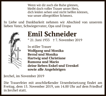 Traueranzeige von Emil Schneider von Uelzen