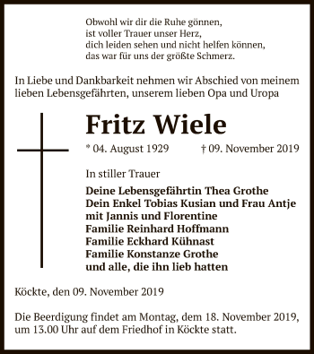 Traueranzeige von Fritz Wiele von Uelzen