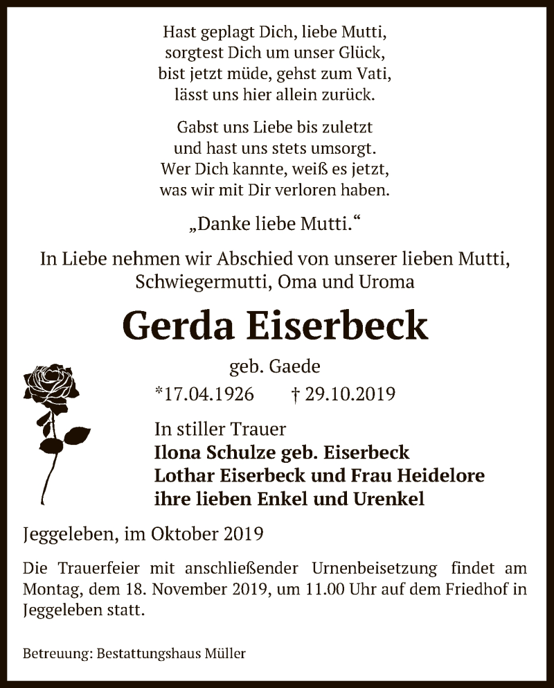  Traueranzeige für Gerda Eiserbeck vom 02.11.2019 aus Uelzen