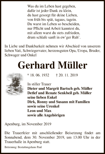 Traueranzeige von Gerhard Müller von Uelzen