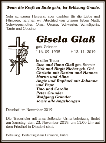 Traueranzeige von Gisela Glaß von Uelzen