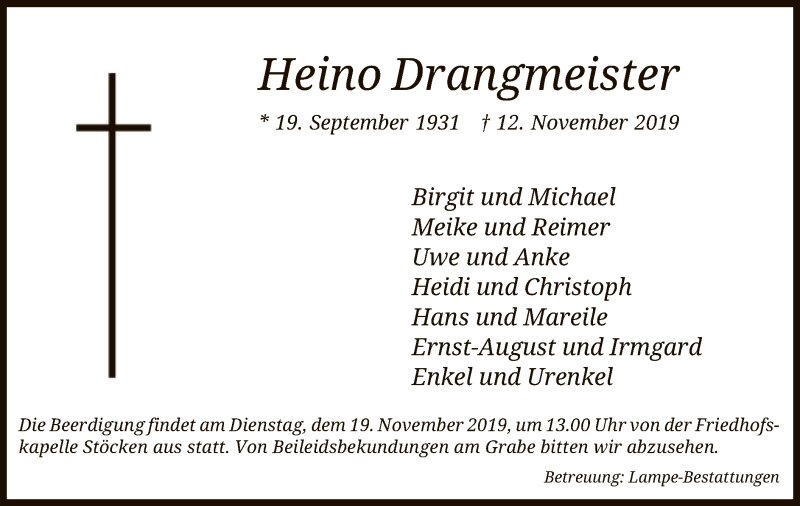  Traueranzeige für Heino Drangmeister vom 14.11.2019 aus Uelzen