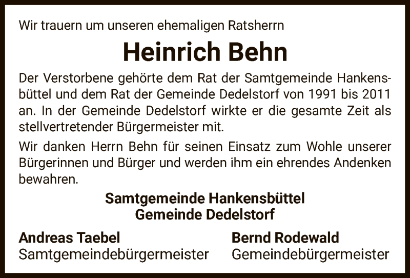  Traueranzeige für Heinrich Behn vom 09.11.2019 aus Uelzen