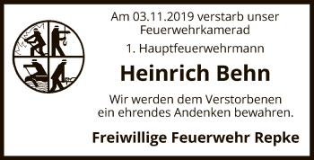 Traueranzeige von Heinrich Behn von Uelzen