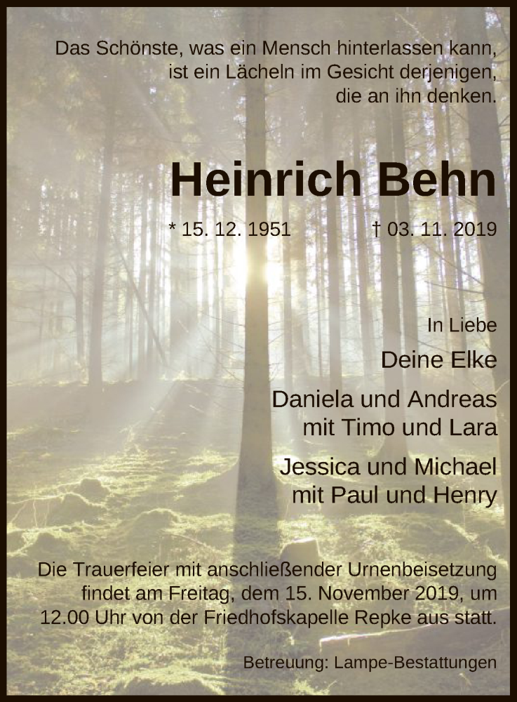  Traueranzeige für Heinrich Behn vom 08.11.2019 aus Uelzen