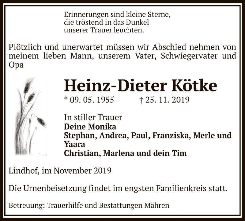  Traueranzeige für Heinz-Dieter Kötke vom 27.11.2019 aus Uelzen
