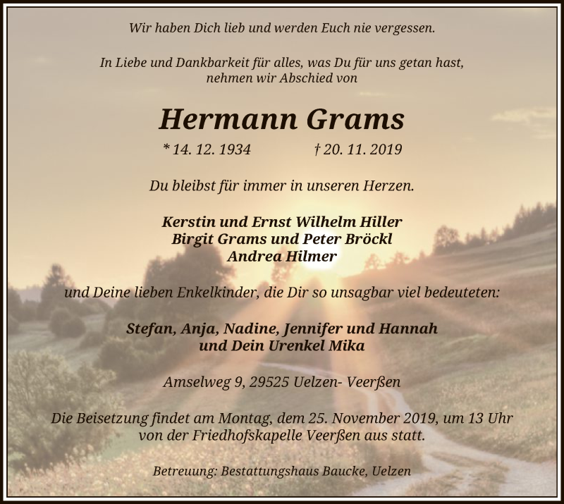  Traueranzeige für Hermann Grams vom 23.11.2019 aus Uelzen