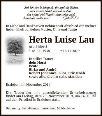 Traueranzeige von Herta Luise Lau von Uelzen