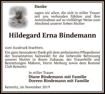 Traueranzeige von Hildegard Erna Bindemann von Uelzen