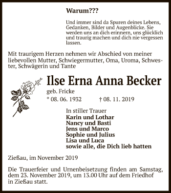 Traueranzeige von Ilse Erna Anna Becker von Uelzen