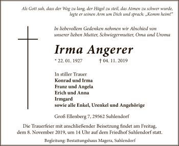 Traueranzeige von Irma Angerer von Uelzen