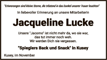 Traueranzeige von Jacqueline Lucke von Uelzen