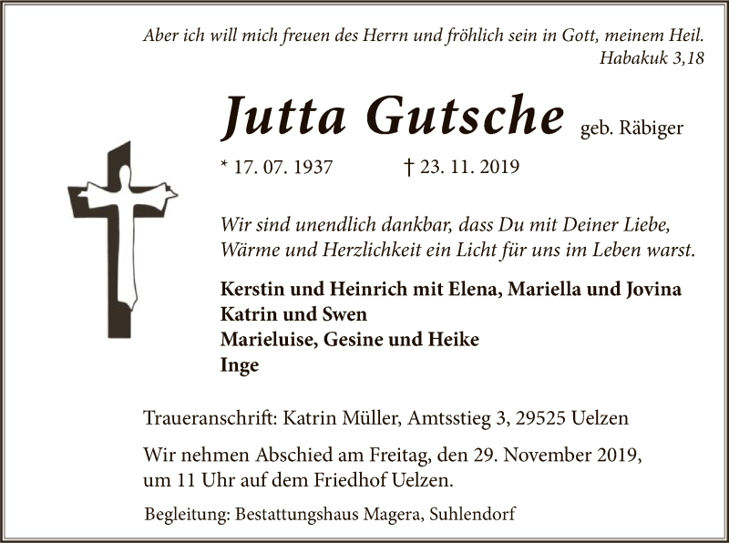  Traueranzeige für Jutta Gutsche vom 27.11.2019 aus Uelzen