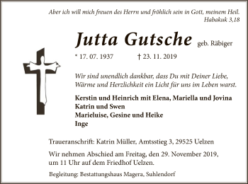 Traueranzeige von Jutta Gutsche von Uelzen