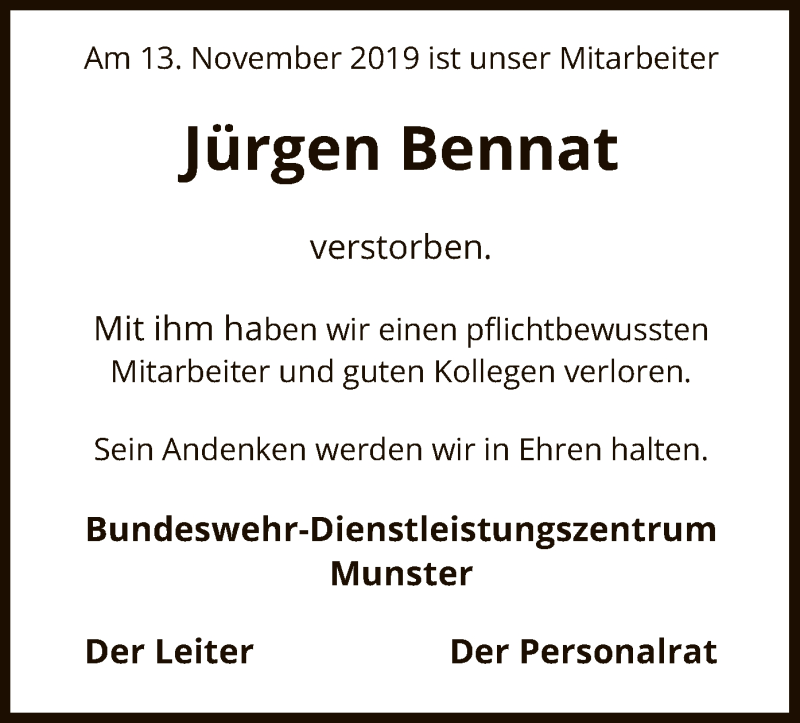  Traueranzeige für Jürgen Bennat vom 16.11.2019 aus Uelzen