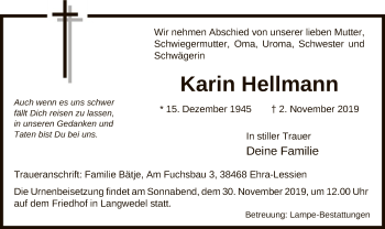 Traueranzeige von Karin Hellmann von Uelzen