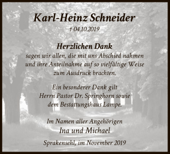 Traueranzeige von Karl-Heinz Schneider von Uelzen